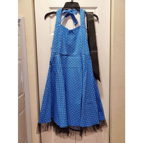 💙 NWT Pinup Retro 1950s Blue Polka Dot Tulle Hem Halter Tea Dress with Belt M - Picture 9 of 15